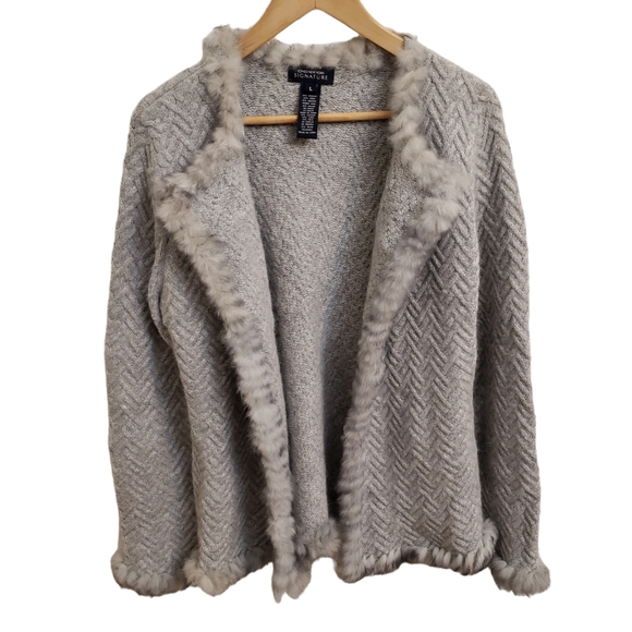 Jones New York Sweaters - Gray Wool Blend Open Front Cardigan Knit Sweater With Angora Trim, Size L